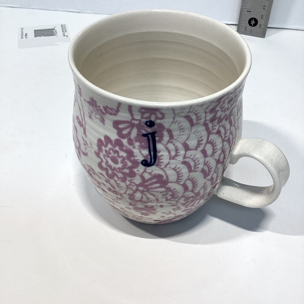 Anthropologie Homegrown 12 Oz Initial Mug J, Floral Purple Ceramic